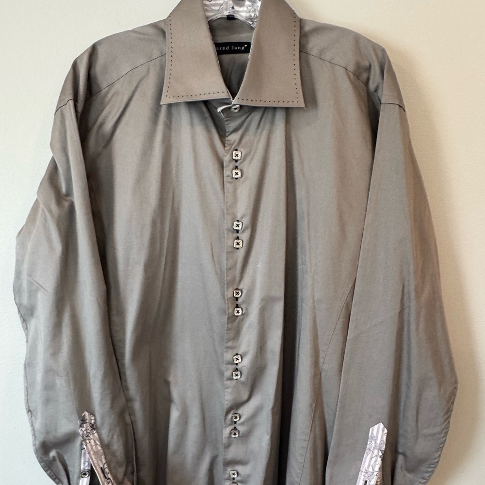 Jared Lang Mens Dress Shirt Gray w Paisley Cuffs Long Sleeve Size XL